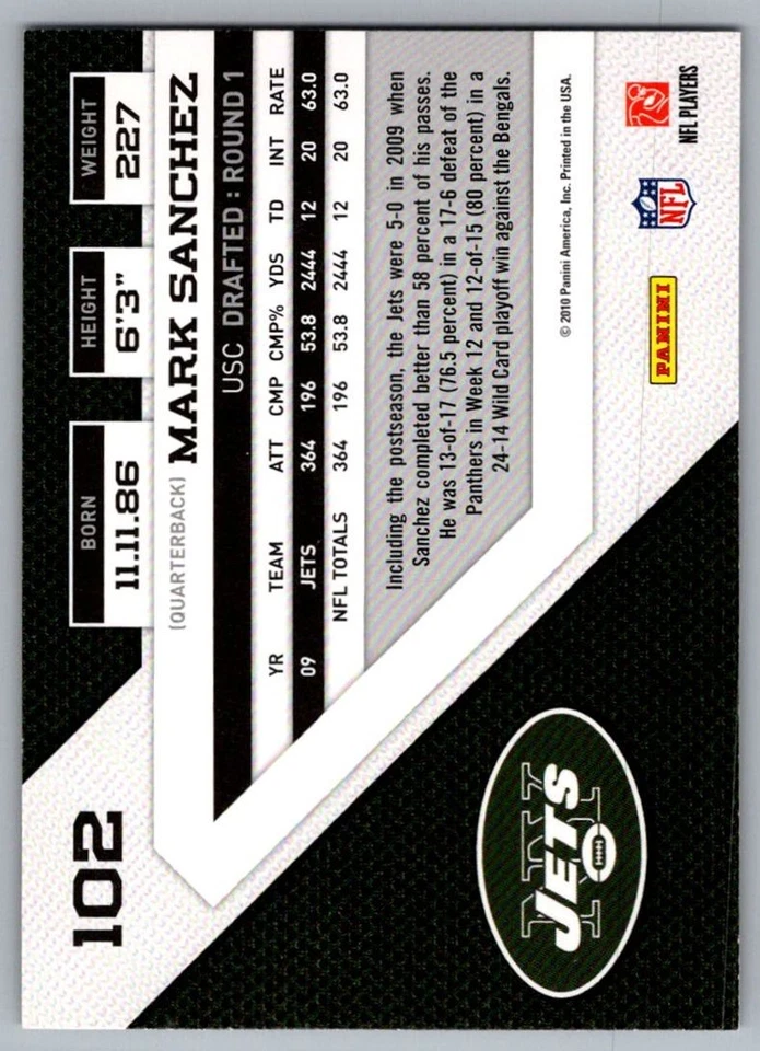 2010 Panini Threads Mark Sanchez New York Jets #102 - Image 2 of 2