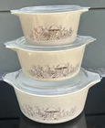 Pyrex Forest Fancies Mushroom 6 Pieces Casserole Dish Bowls Lids Set Vintage