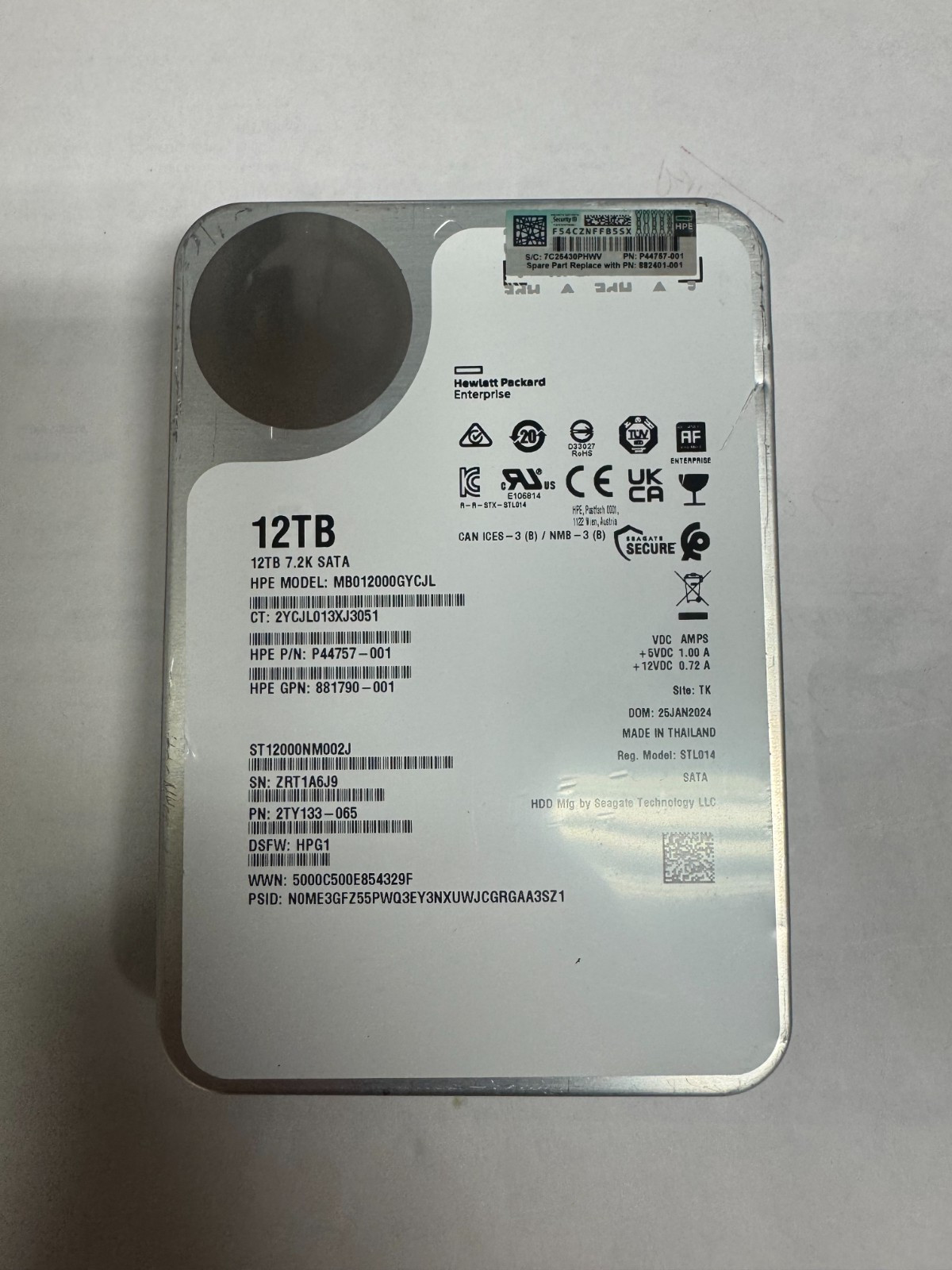 HPE 12TB 7.2K 3.5" SATA Hard Drive MB012000GYCJL ST12000NM002J - Dent (Read Des