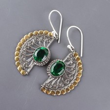 925 Sterling Silver oval Natural GREEN EMERALD Drop Bezel Set Earrings Jewelry