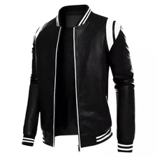 Men's Black Leather Bomber Jacket with White Stripes | Varsity Style Zip-Up Coat