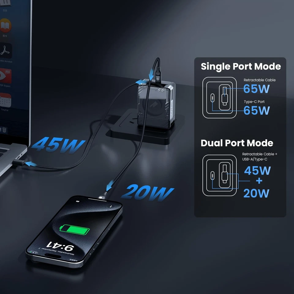 FlexLine 65W para cargador de pared retráctil (GaN6), doble puerto con retracción de 28,7 pulgadas... Foto 3 de 4