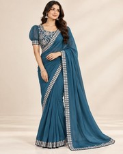 Designer Georgette Saree with Stitched Blouse Embroidered Party Wear 4 Colors