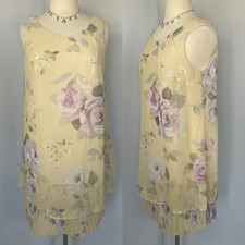 Vintage Sleeveless Dress Plus Size 18W Pastel Yellow Floral Rose Flowy Chiffon