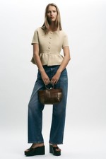 Zara Short Sleeve Peplum Cardigan Sand Beige ...