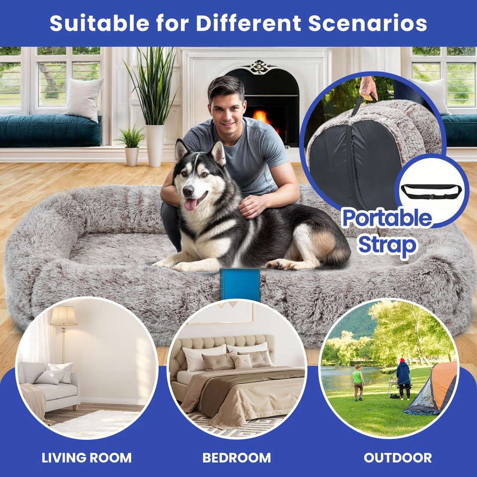 78" Sleeping Dog Bed Human Mat Pet Cushion Washable Plush Memory Foam Pillow Fur - Image 4 of 4