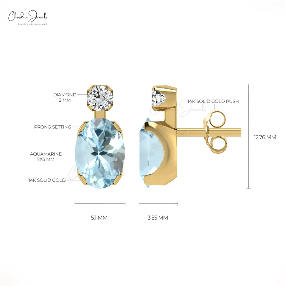 Natural Aquamarine Oval Stud Earrings with Diamond Accents in 14k Solid Gold - Image 4 of 4