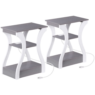 2X 3 Tier End Table Side Table w/ Outlets & USB Ports Storage Beside Table Gray
