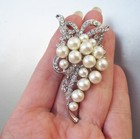 Silver Tone Grape Bunch Brooch Pin Large Vintage Faux Pearl & Rhinestone