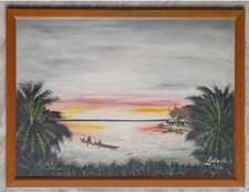 Africa arte etnica africana paesaggio marino olio tela firma J. Lukenda 1986