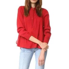 The Great. Red Pintuck Blouse Top Shirt Solid Buttondown Long Sleeve M-2 255483