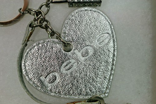 BEBE Keychain Heart Silver Leather Rhinestone Lock and Key Charms Metallic Logo - Picture 5 of 8
