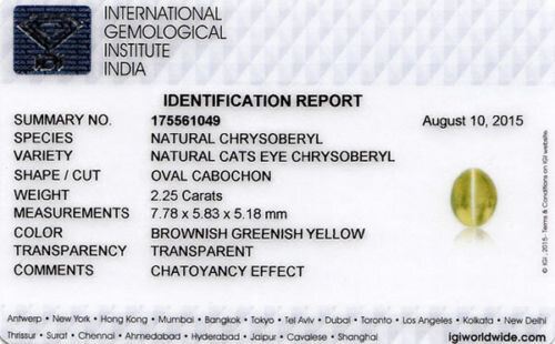 IGI Certified SRI LANKA Chrysoberyl Cat's Eye 2.25 Cts Natural Untreated Oval - Picture 4 of 4