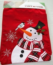 CHRISTMAS EMBELLISHED TABLE RUNNER 13" X 72" SNOWMAN W/TOPHAT SCARF