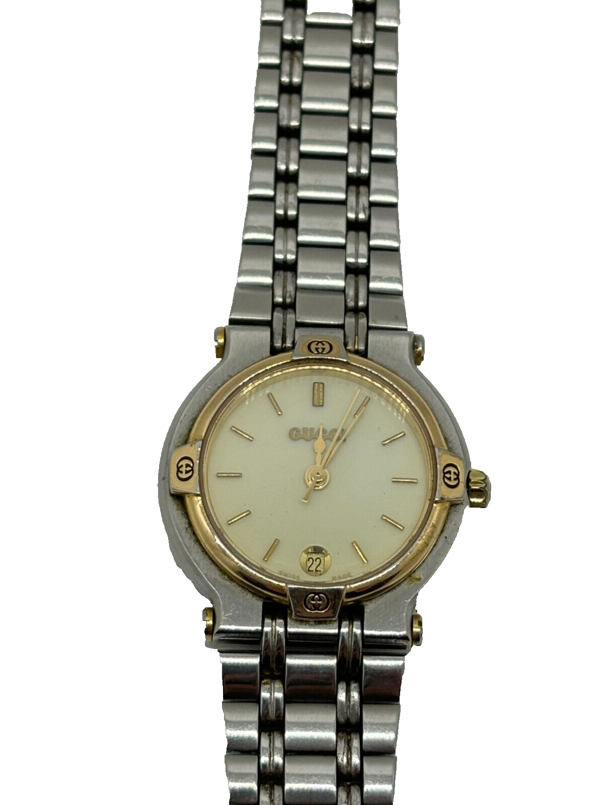 Gucci 9000L Two Tone Steel 25mm Gold Dial Quartz Womens Watch Preowned