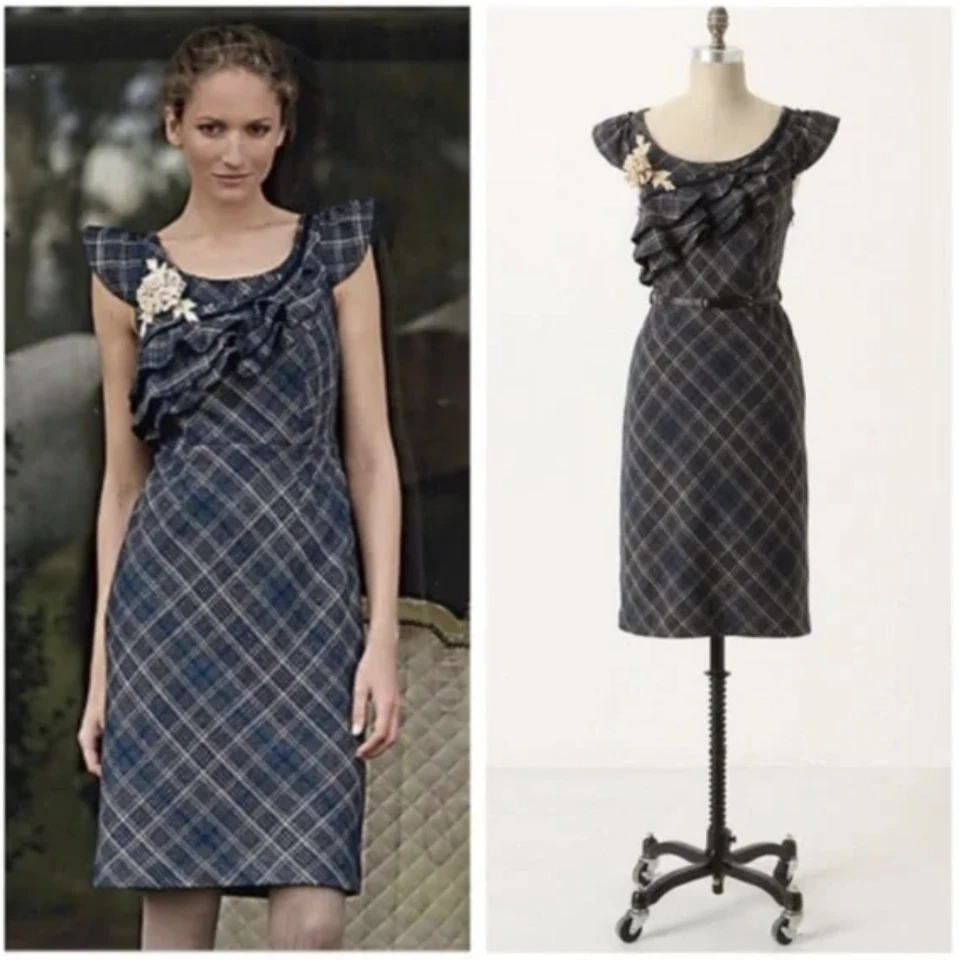 Vestido Floreat Anthropologie Gris Beige Cuadros Volantes Tweed Talla 6 Lana Foto 3 de 4