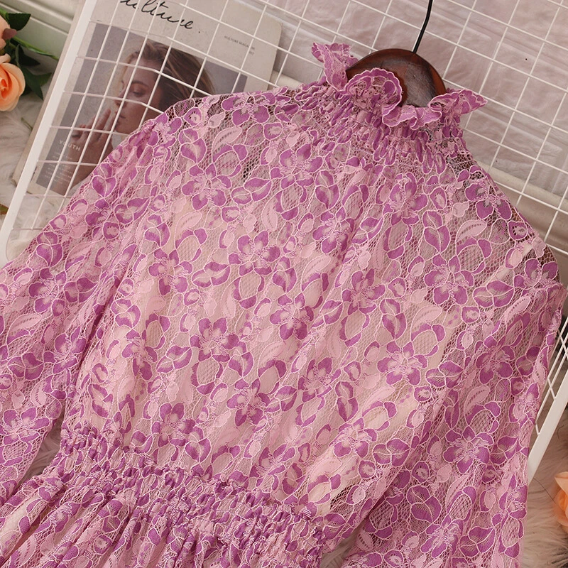 OFF WHITE Abito da donna in pizzo vita lunga ricamo floreale manica lunga alta abito a linea