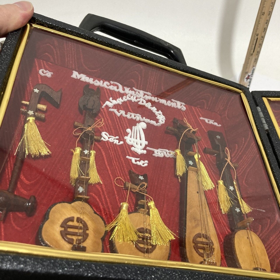VINTAGE VIETNAM MINIATURE Music Stringed Instruments Case Display Box ...