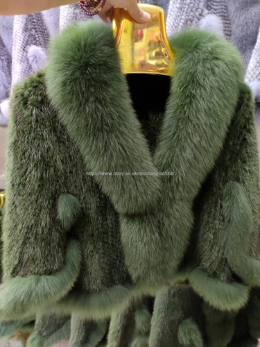 Handmade Knit Real Genuine Mink Fur Coat with Fox Fur Collar Shawls Wraps Cape - Picture 8 of 47