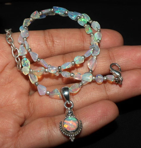 Ethiopian opal beaded necklace with sterling silver opal pendant opal tumble