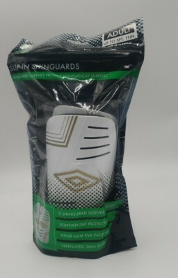 Umbro Adult Up to 5' 11'' Slip-in Soccer Shin guards-White/Black/Gold, Free Ship!