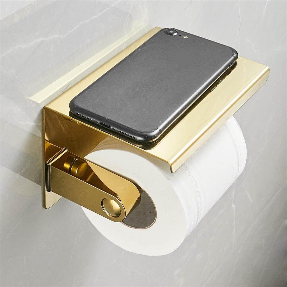 Toilet Paper Holder With Phone Shelf - Wall Mounted Stainless Steel Bathroom Organizer