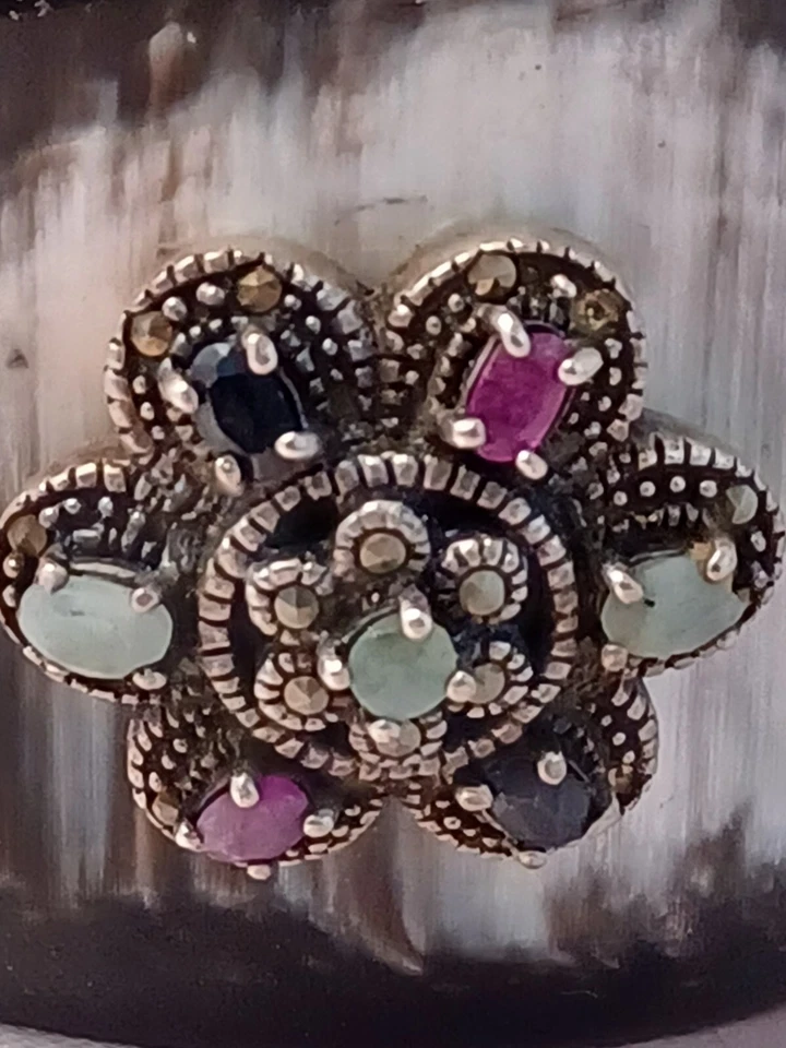 Beautiful Black & White Horn w/ Sterling & Gemstone Decoration Cuff Bracelet 2" - Image 3 of 4