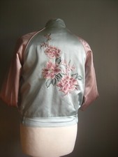 KAREN MILLEN silk BOMBER JACKET 10 12 turquoise pink floral short embroidered