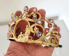Gold Tone Metal Tiara Headband with Pink Purple Rhinestones