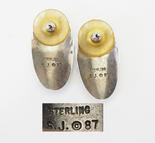 Vintage Native Américain Argent Sterling Vert Abalone Oreilles Signé S.J - Photo 3 sur 3