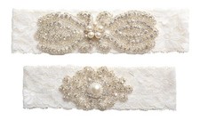 Rhinestones Lace Wedding Bridal Garter Belt Set, Ivory