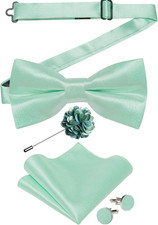 Mens Satin Pre-tied Bowtie Shiny Solid Bow Tie and Pocket Square Cufflinks Lapel