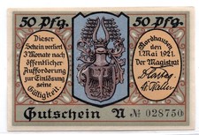 1921 Germany Nordhausen Notgeld 50 Pfennig Note (3173)