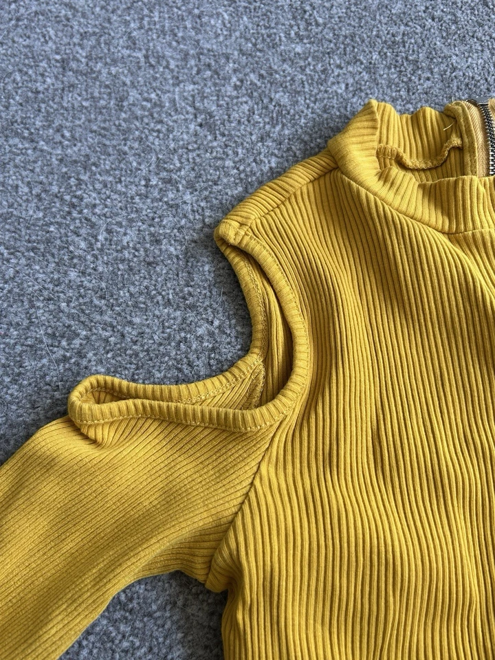 women’s yellow ribbed cold shoulder long sleeve top - Image 2 of 4