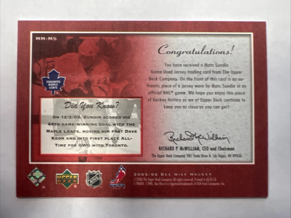 05-06 ud deck beehive matted materials mats sundin toronto maple leafs jersey - Image 2 of 2