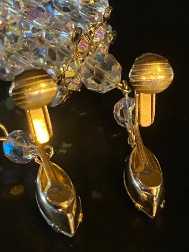 VTG 1950s Aurora Borealis Crystal Chandelier ClipOn Earrings Gold Tone Dangle 3” - Picture 13 of 17