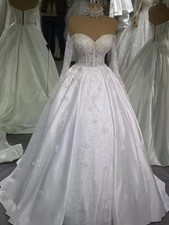 A Line Wedding Dresses Long Sleeves Satin Bridal Gown Appliques Sweep Train