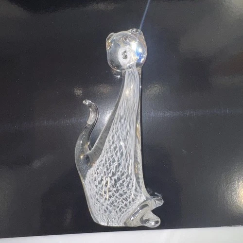 Vintage Murano Hand Blown Art Glass Cat, Clear, White Latticino.