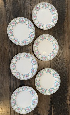 6 Minton B833 Aqua & Green Scrolls Floral Border 9'' Luncheon Plates EXCELLENT