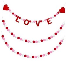 3 Pieces Valentine's Day Garland Love Garland Heart Felt Ball Banner, 10ft Pom