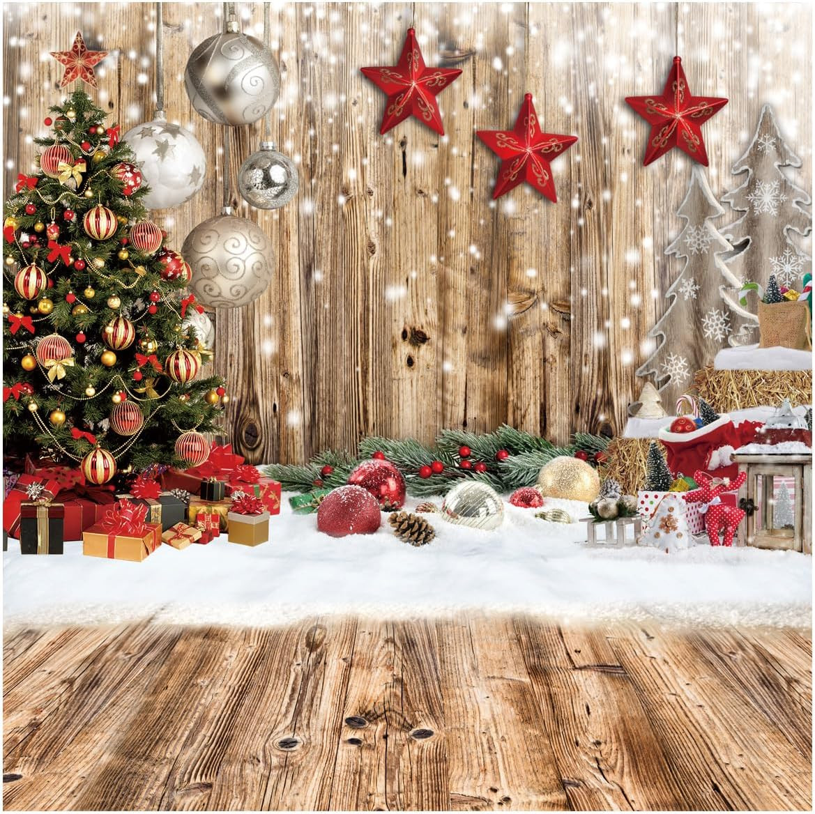 8X8FT Wood Wall Photography Backdrop Wood Floor Backdrop Winter Snow Xmas Tree G