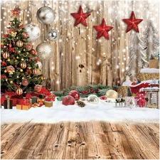 8X8FT Wood Wall Photography Backdrop Wood Floor Backdrop Winter Snow Xmas Tree G