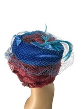 1950s 1960s Blue Velvet Halo Hat With Feathers And Veil - Open Crown 60s Hats