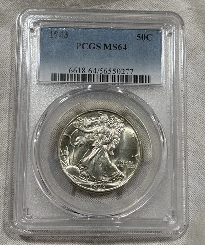 GRADED 1943 Walking Liberty Half Dollar PCGS MS64 Silver American Coin