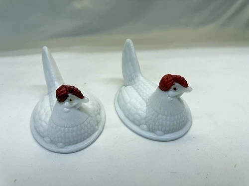 2 Vtg Westmoreland Milk Glass Split Tail Hen on Nest Top Lids Only Red Comb