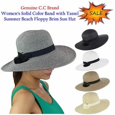 NEW C.C Women's Solid Color Band with Tassel Summer Beach Floppy Brim CC Sun Hat