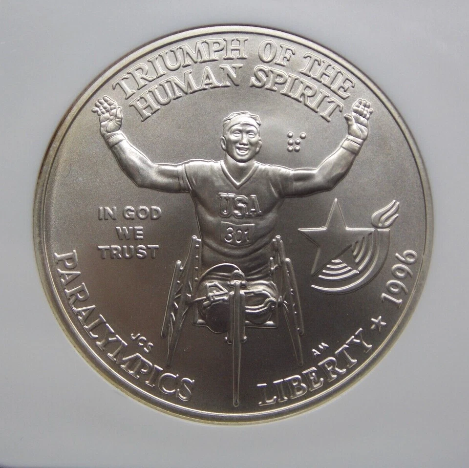 1996 "D" Wheelchair PARALYMPICS Silver Commemorative $1 NGC MS69 #022 Rank #77 - Image 2 of 4