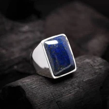 Solid 925 Sterling Silver Natural Blue Afghani Lapis Lazuli Gemstone Men's Ring