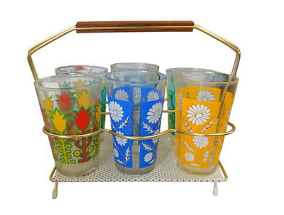 Vintage Saftgläser Set mit Halter Bunt Trinkgläser Blumenmuster Retro 1960er