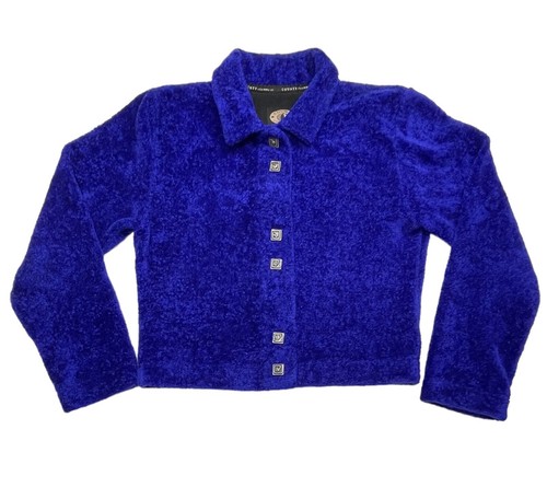 COUNTY CLOTHING Cropped Fleece Jacket Women's Small Blue/Purple Artsy Buttons - Picture 17 of 18
